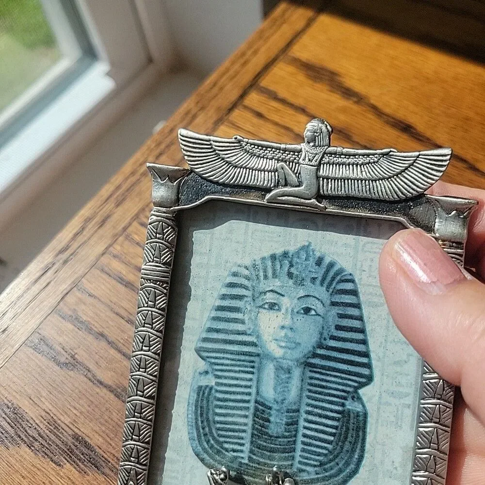 Vtg Egyptian Art Deco miniature photo frame Gods Hieroglyphs Silver 2.5x3.5